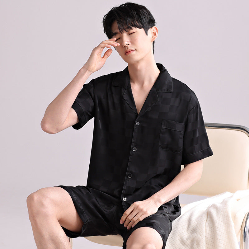Men's Ice Silk Pajamas - Adult Summer Sleepwear Big Black Plaid