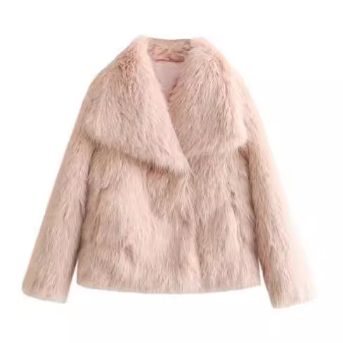Light pink faux fur jacket on a white background
