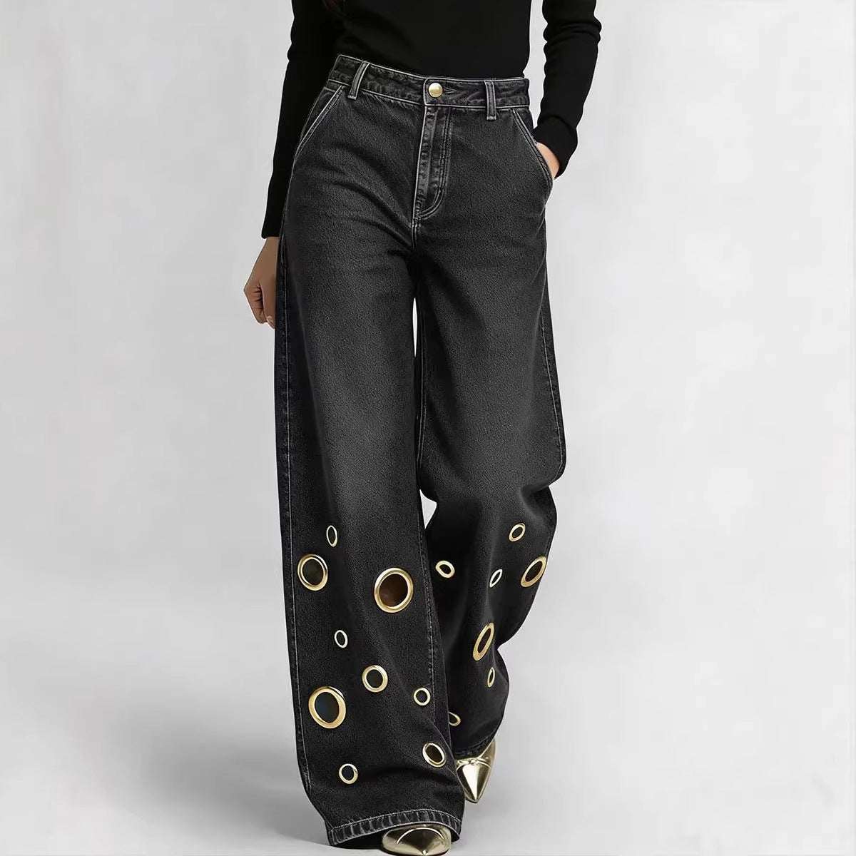 Women's Loose-Fit Straight-Leg Jeans | Cutout & Metal Eyelet Detail | 4 Colours | S–2XL