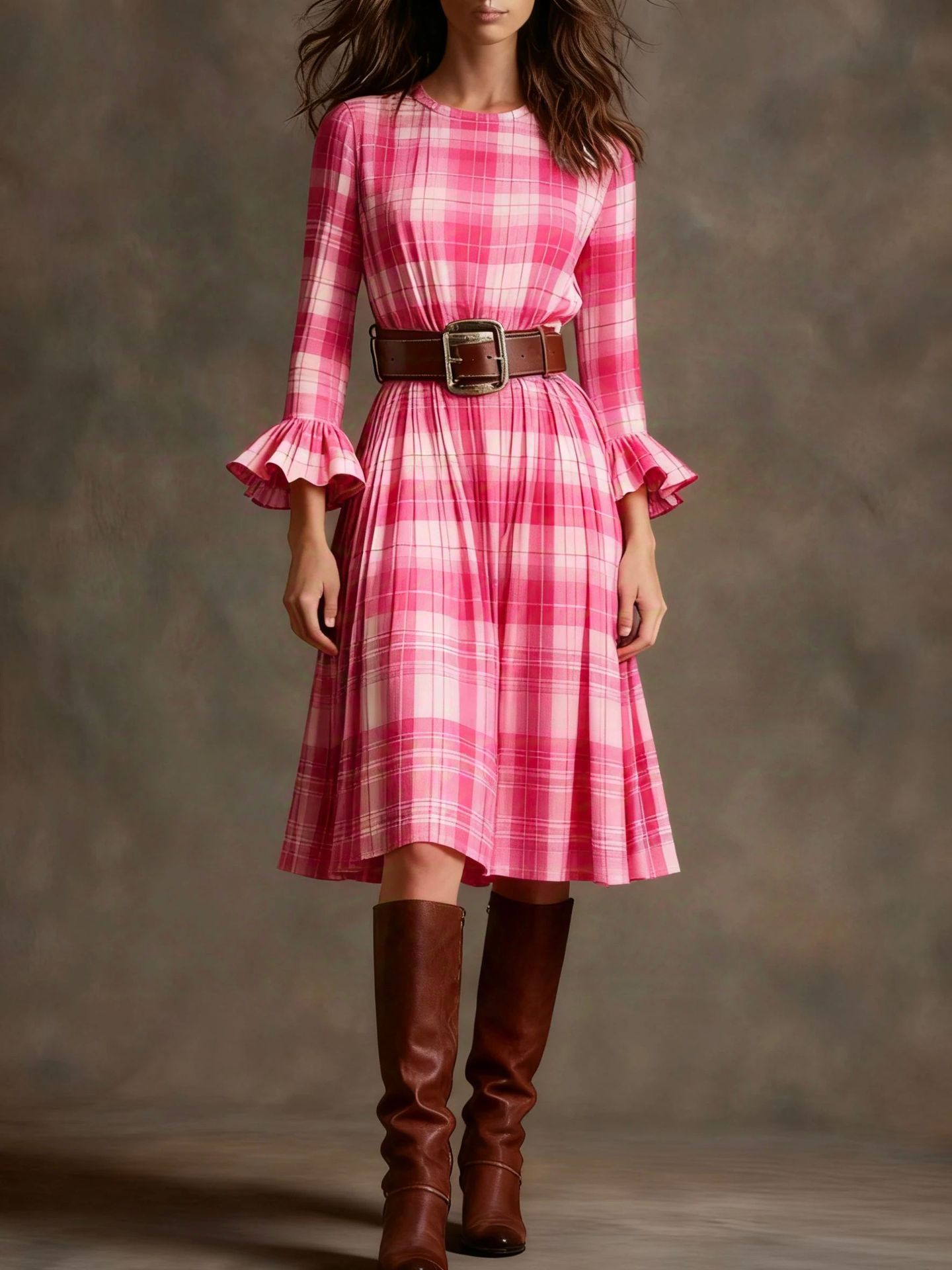 Woman wearing a pink plaid dress with a brown belt and brown knee-high boots against a gray background by millivan