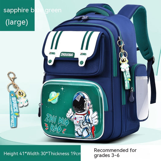 Blue and green backpack with astronaut design and accessories on a light blue background