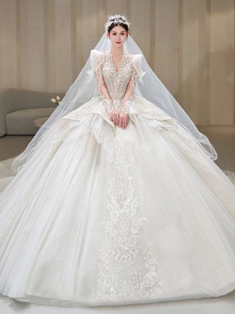 Women's French Retro Heavy Industry Tulle Wedding Dress – Long Puff Sleeve Bridal Gown | Floor-Length & Trailing | S–XXL