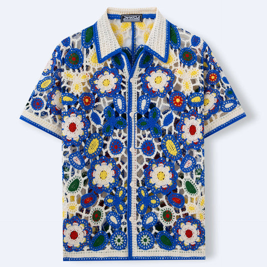 Colorful floral patterned shirt with a brand label on a white background