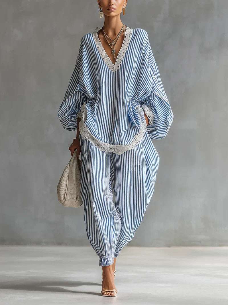 Blue & White Stripe Lace-Trim Puff Sleeve 2-Piece Set | S–2XL