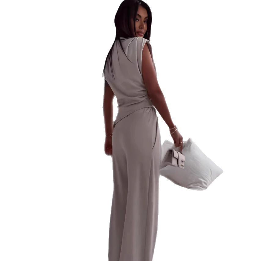 Women's Sleeveless Asymmetric-Hem Split Top & Straight-Leg Trousers Set | Dark Gray, Light Brown & White | S–3X