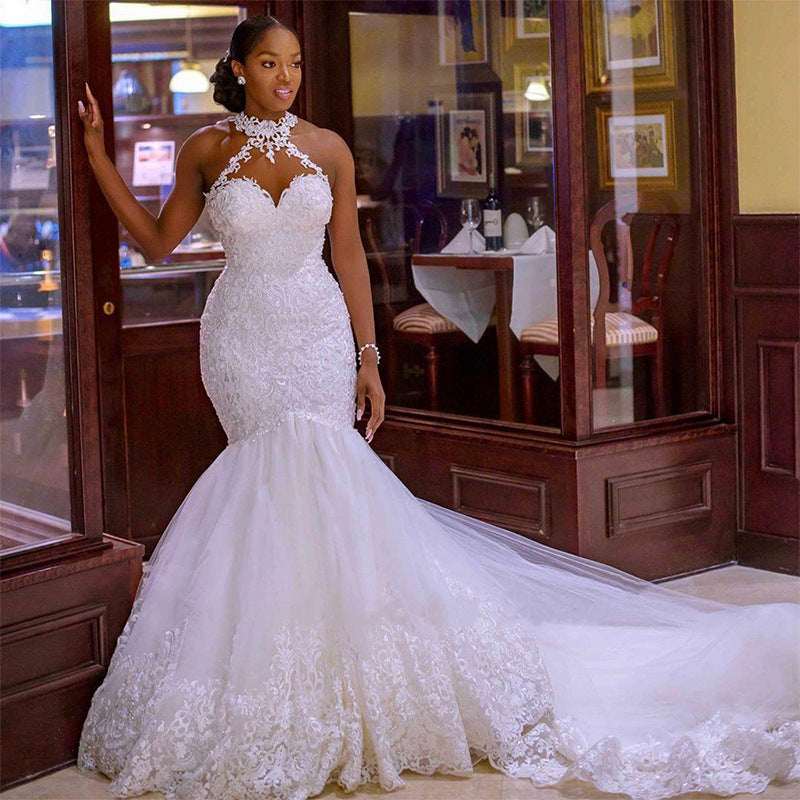Women's Vintage Lace Beaded Mermaid Wedding Dress – Sheer Halter Neck Tulle Bridal Gown with Sweep Train | Beige & White | US 2–16