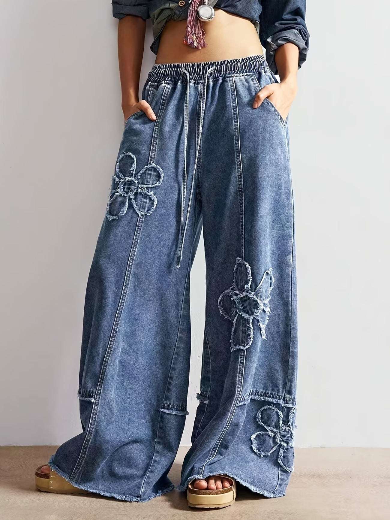 Women's Slim-Fit Polyester Denim-Look Trousers | Blue | XS–XL