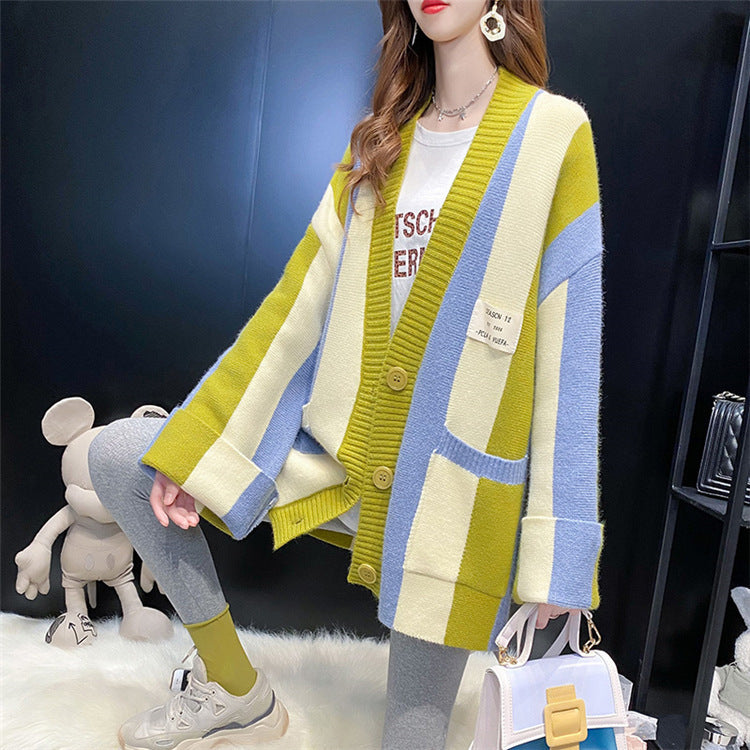 Striped Color Stitching Knitted Cardigan Sweater Coat For Women