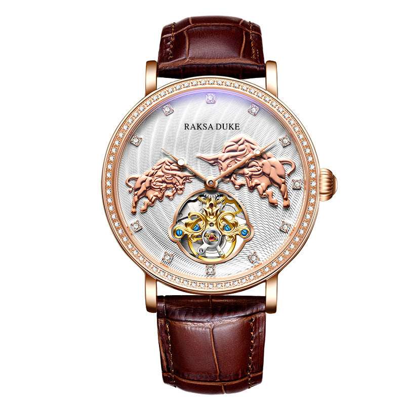 Men's Diamond-Embedded Commemorative Mechanical Watch – Antique Style Genuine Leather Strap Waterproof | Rose White