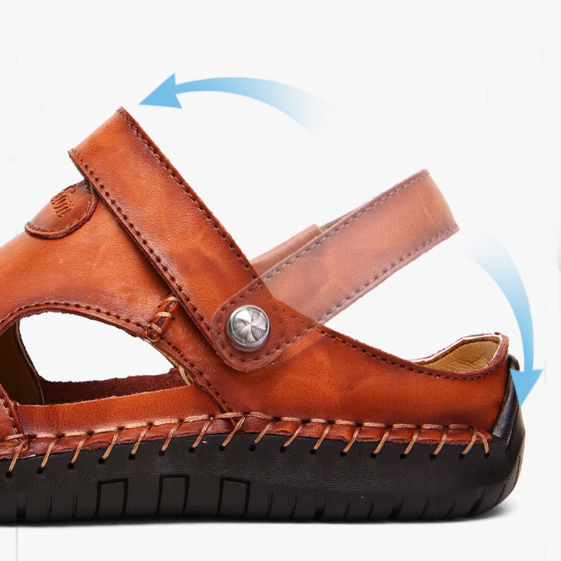 Brown sandal with a strap and visible stitching on a white background