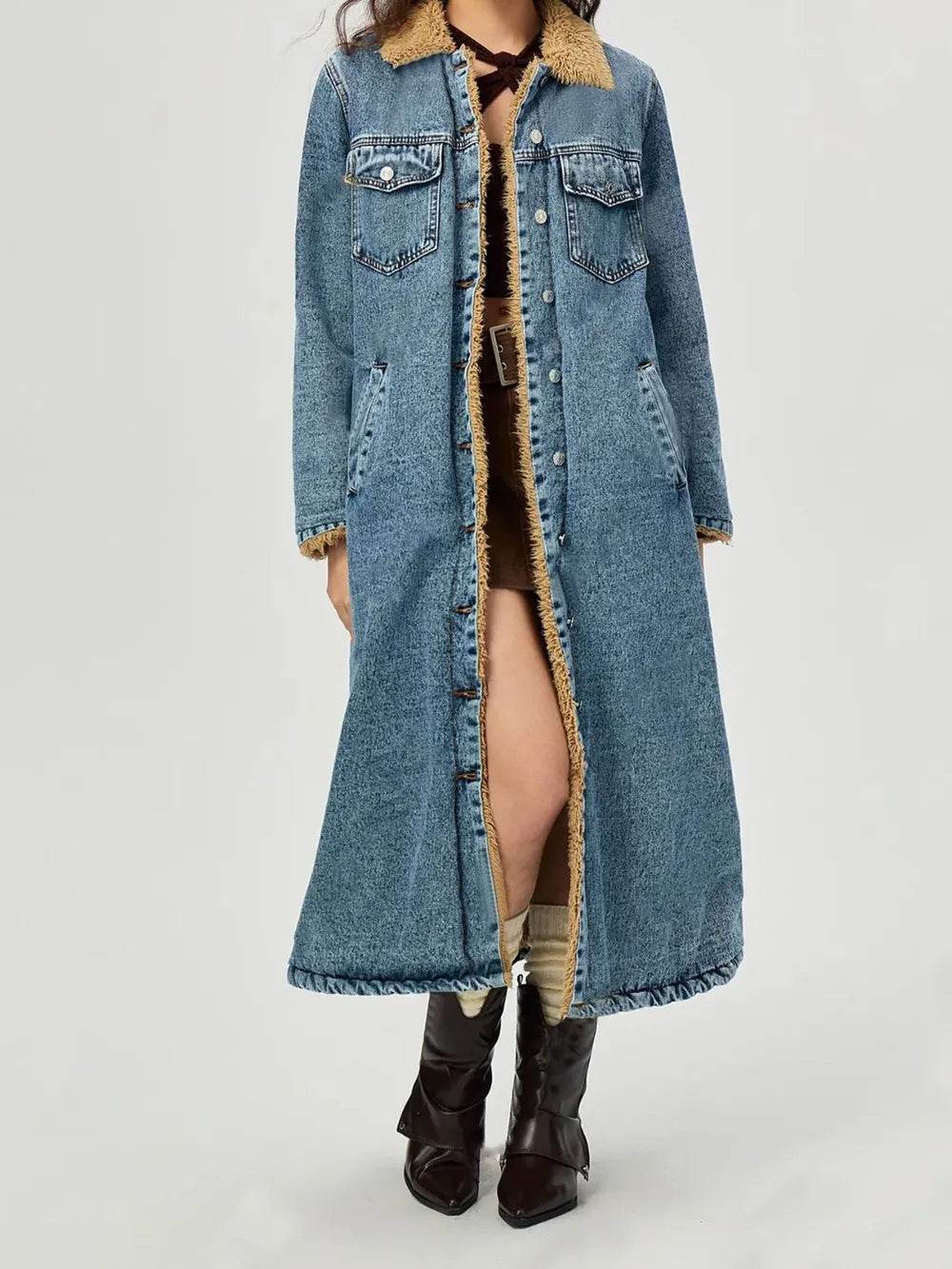Pocketed Button Up Denim Jacket with Fur Lining - Millivan supplies 