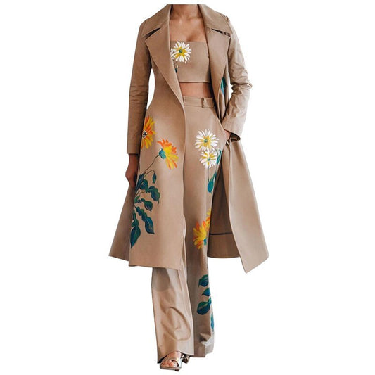 Beige outfit with floral patterns on a white background