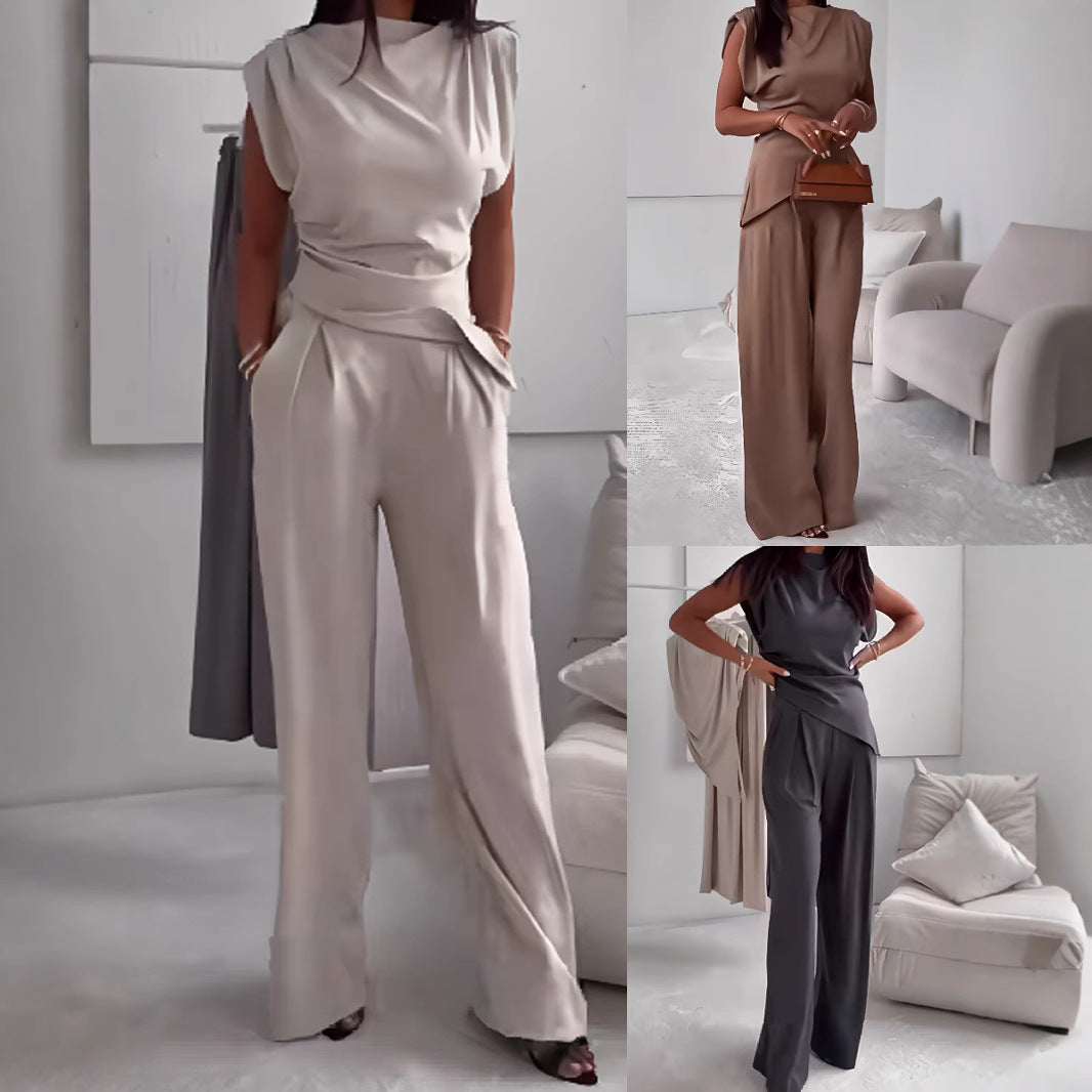Women's Sleeveless Asymmetric-Hem Split Top & Straight-Leg Trousers Set | Dark Gray, Light Brown & White | S–3XL
