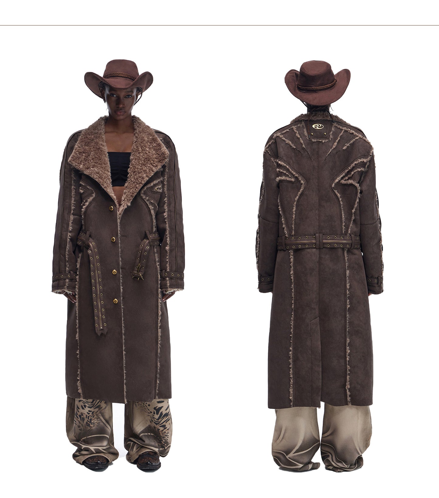 Brown cowboy coat with intricate designs on a white background