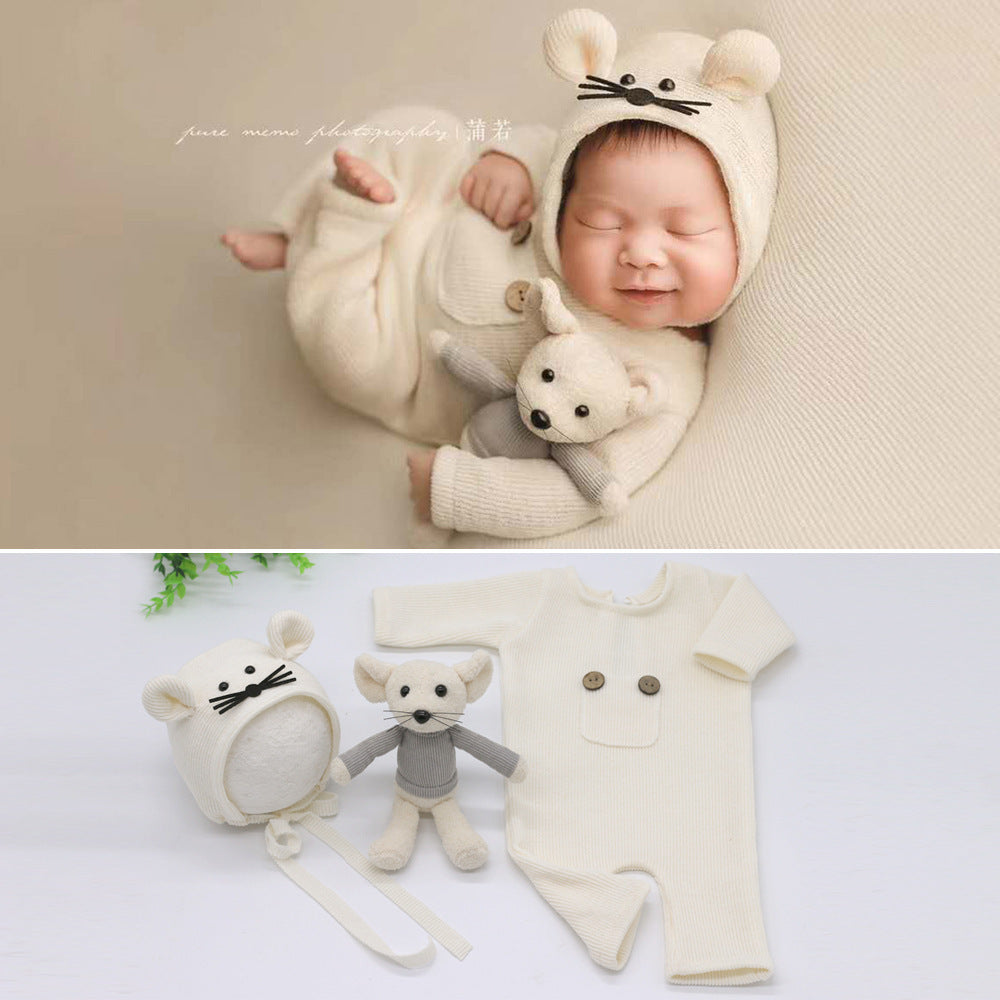 Three-piece Soft Knitted Jumpsuit, Hat, Doll And Mouse