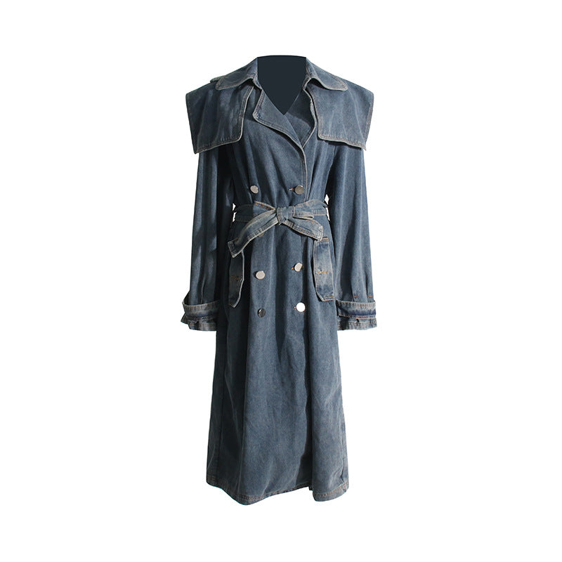 Denim trench coat on a white background