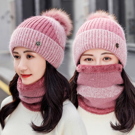 Two women wearing pink knitted hats and scarves with pom-poms.