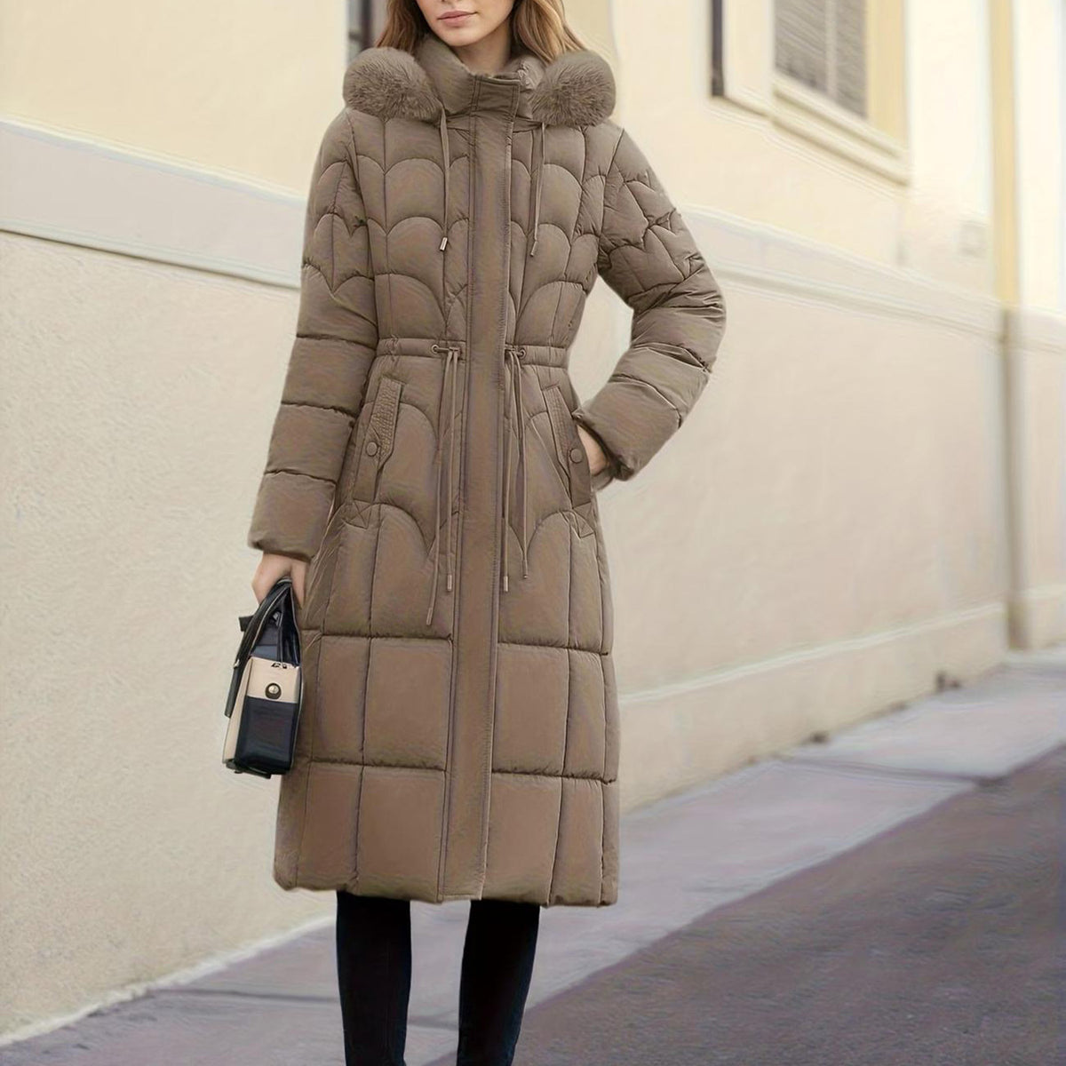 A woman wearing a long taupe-brown puffer coat with a fur-trimmed hood and drawstring waist, standing on a sidewalk next to a beige building wall.