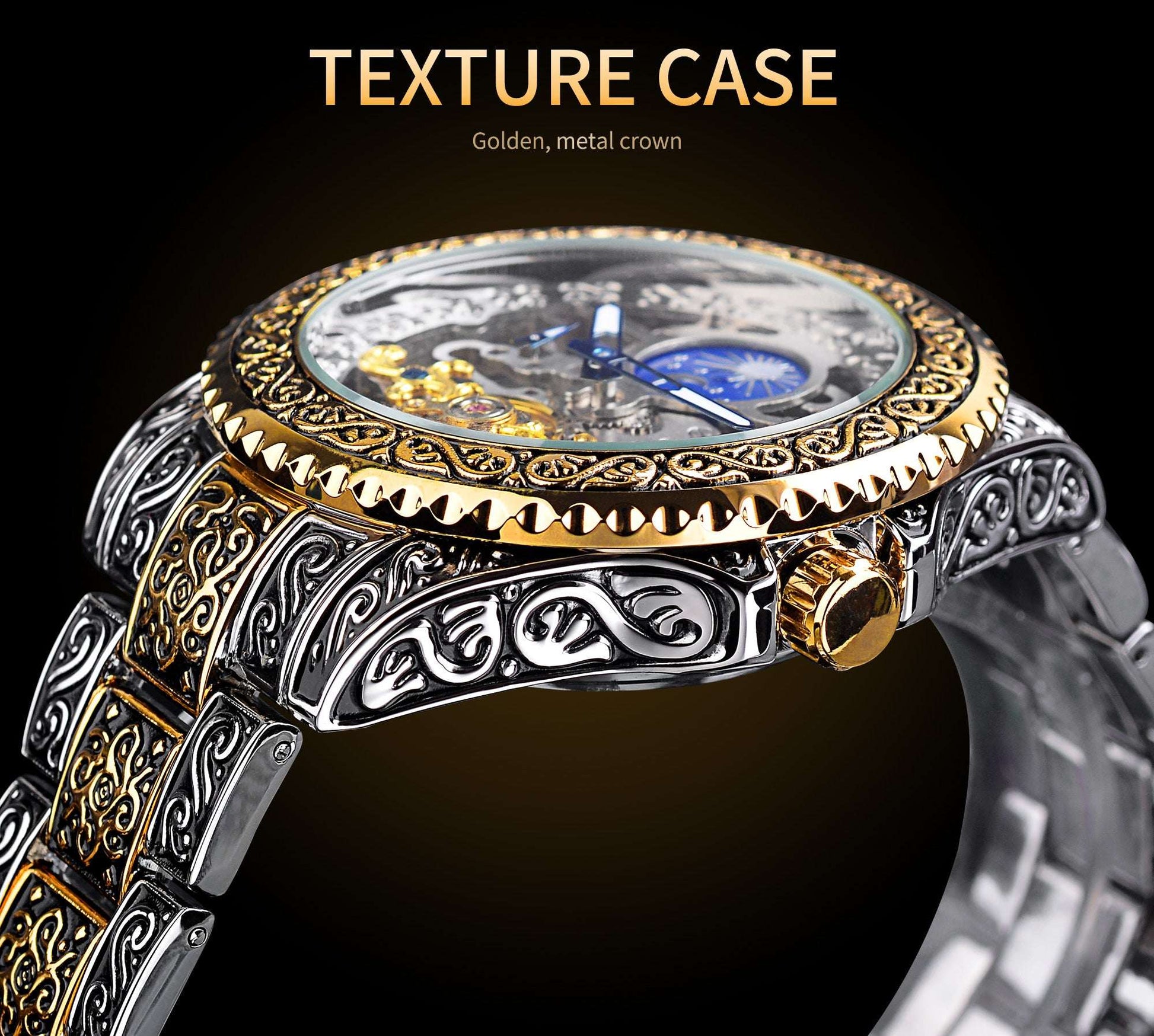 Forsining Men's Skeleton Carved Tourbillon Mechanical Watch – Automatic Self-Wind 44mm Stainless Steel | Yellow Gold