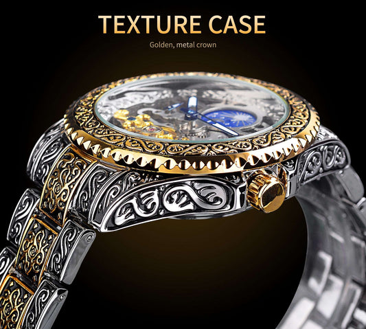 Forsining Men's Skeleton Carved Tourbillon Mechanical Watch – Automatic Self-Wind 44mm Stainless Steel | Yellow Gold