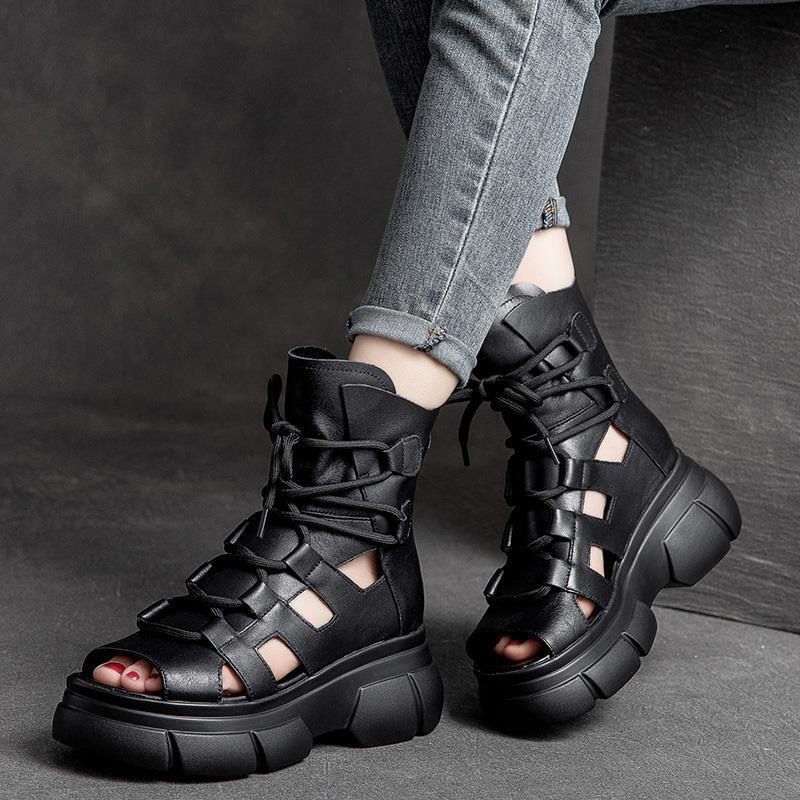 Women's Hollowed-Out Roman Sandal Boots - Open-Toe Buckle Boots