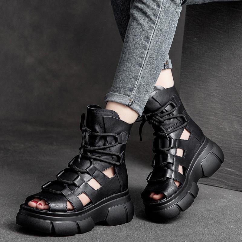 Women's Hollowed-Out Roman Sandal Boots - Open-Toe Buckle Boots