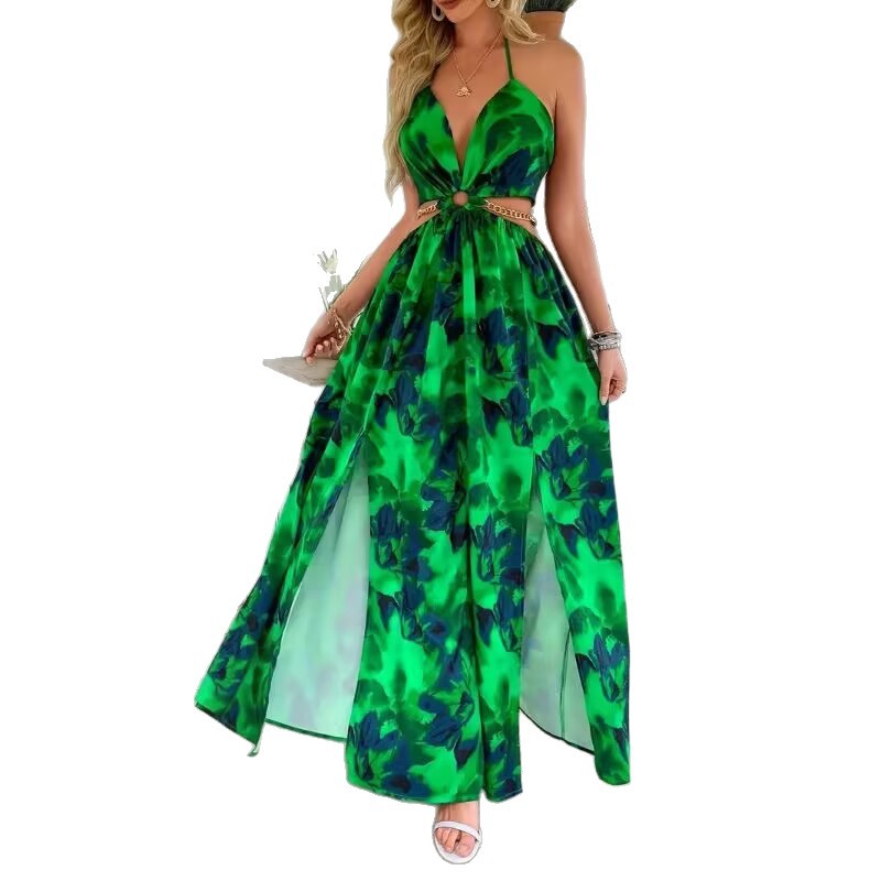 Green floral dress with a white background