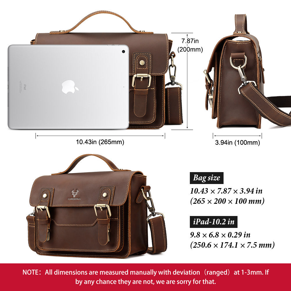 Brown leather bag with dimensions displayed, including a comparison to an iPad.
