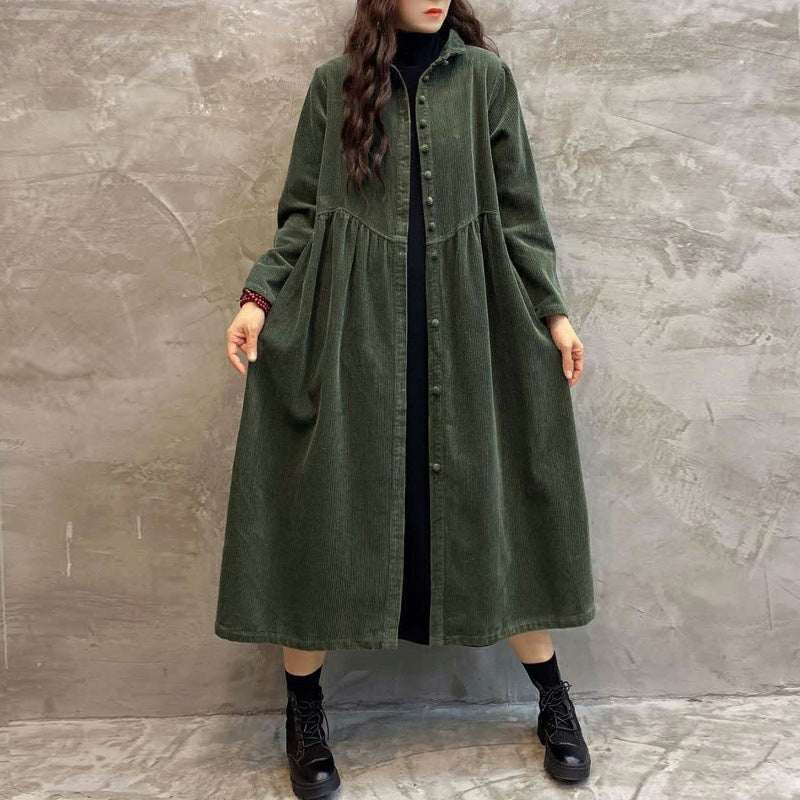 Women's Retro Corduroy Dust Coat – Loose Long Below-the-Knee Windbreaker Outwear | Brown, Dark Gray, Dark Green, Khaki | M–5XL