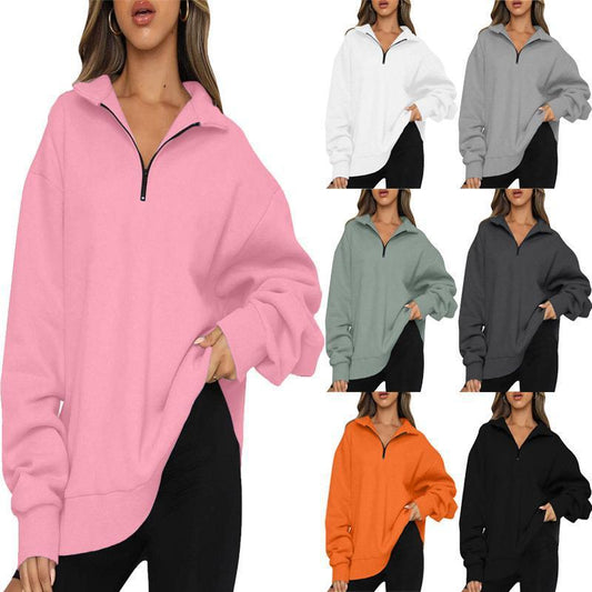 Pink sweatshirt worn by a person with color options displayed below.