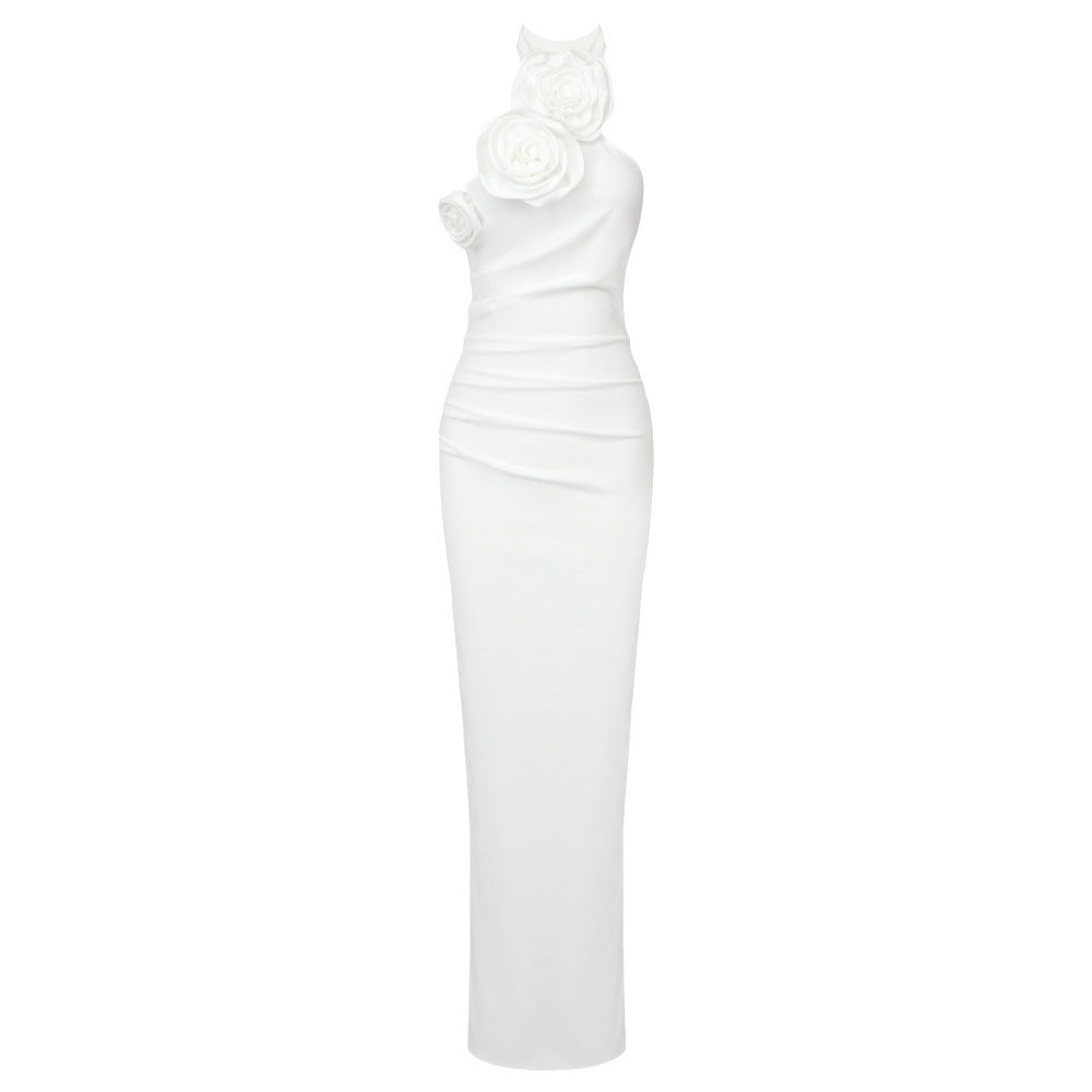 White strapless dress with floral detail on a white background