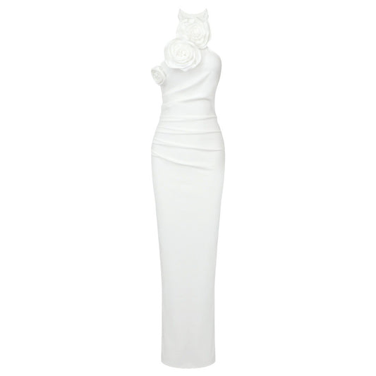 White strapless dress with floral detail on a white background