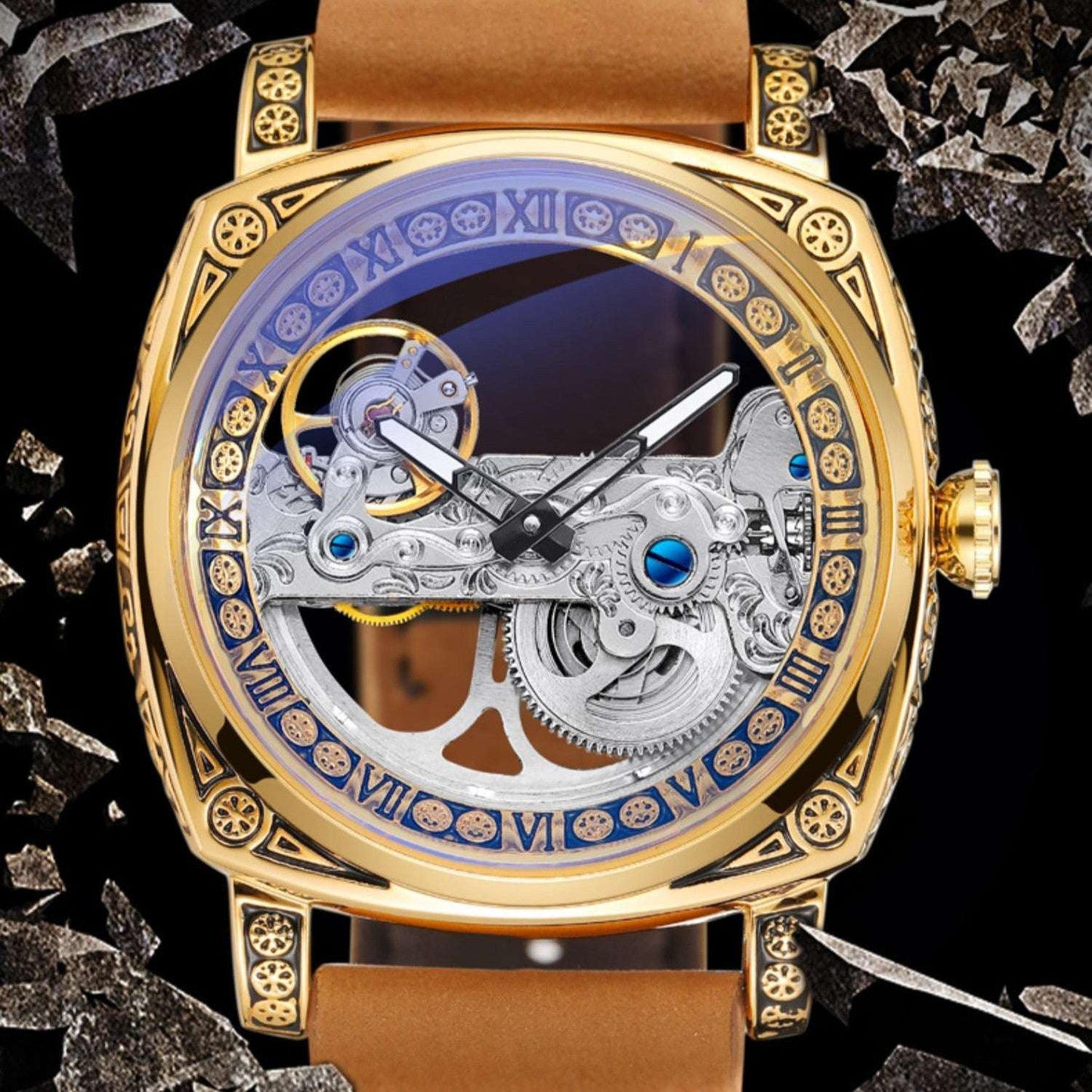 Men's Vintage Automatic Mechanical Watch – See-Through Case Back 42mm Genuine Cowhide Leather Strap | Gold Shell
