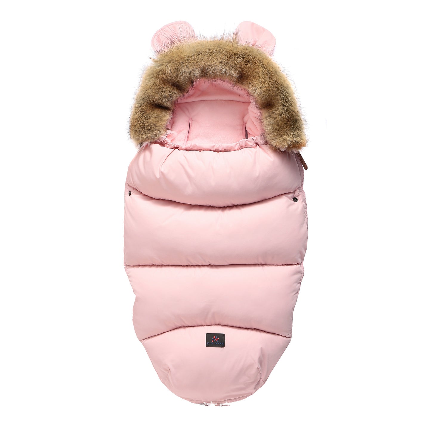 Pink baby sleeping bag with fur hood on a white background