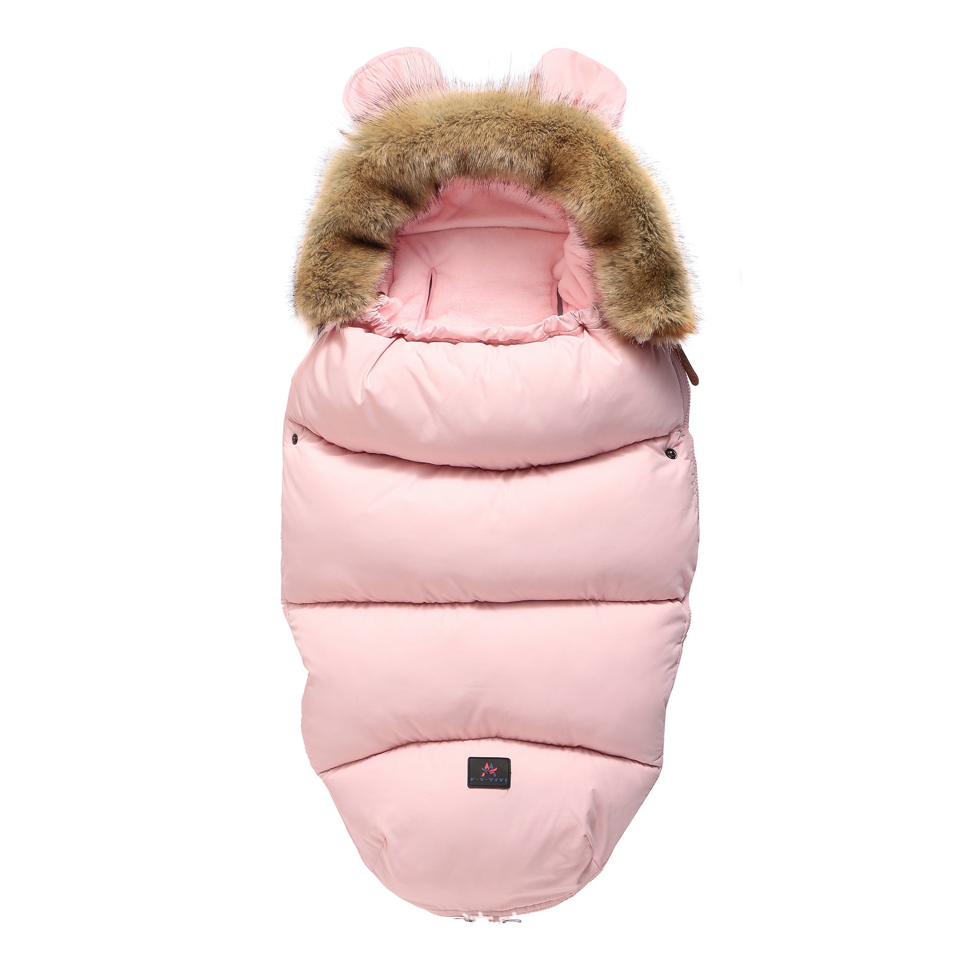 Pink baby sleeping bag with fur hood on a white background