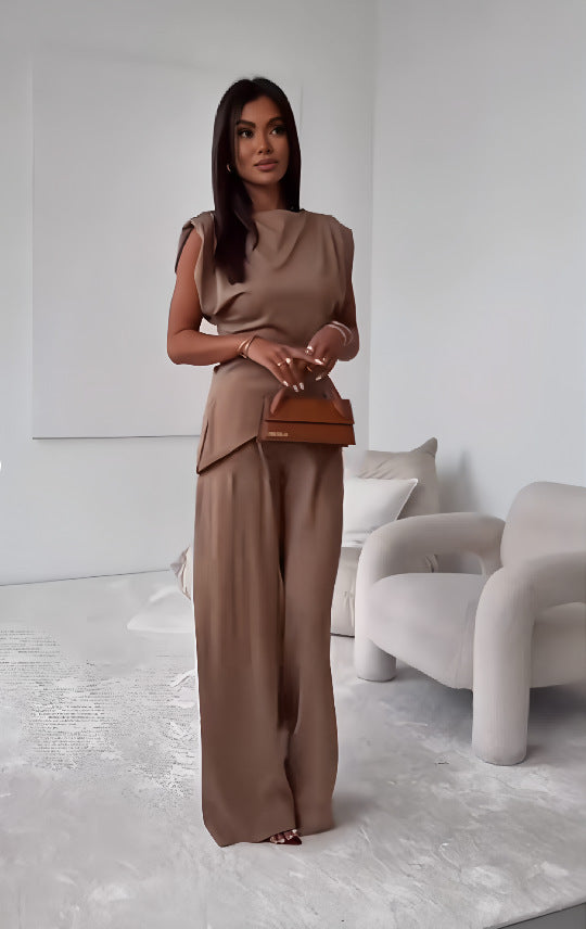 Women's Sleeveless Asymmetric-Hem Split Top & Straight-Leg Trousers Set | Dark Gray, Light Brown & White | S–3X