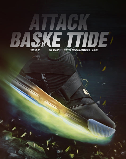Basketball shoe with glowing sole on a dark background, featuring the text 'Attack Baske ttide'.