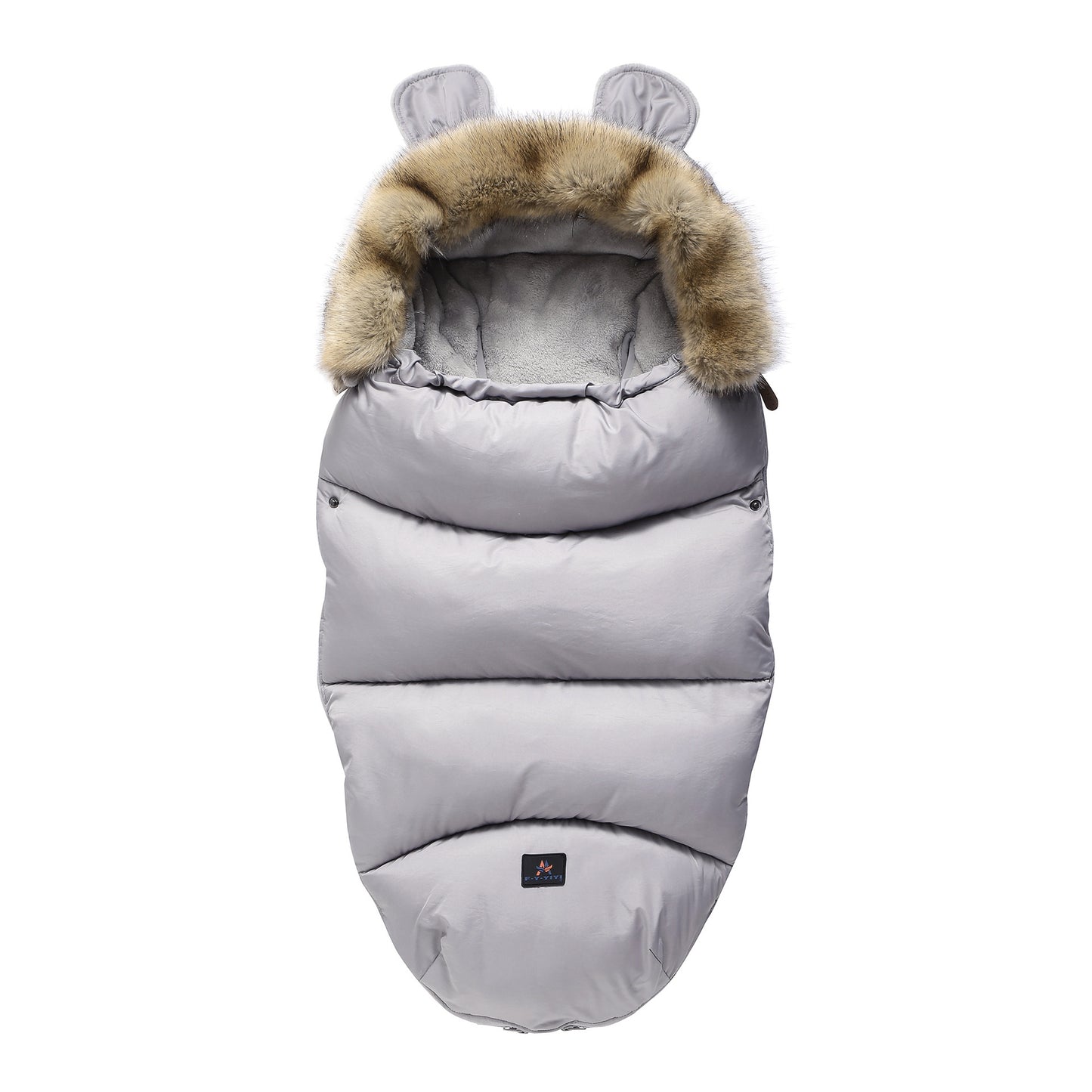 Gray baby sleeping bag with fur hood and bunny ears on a white background