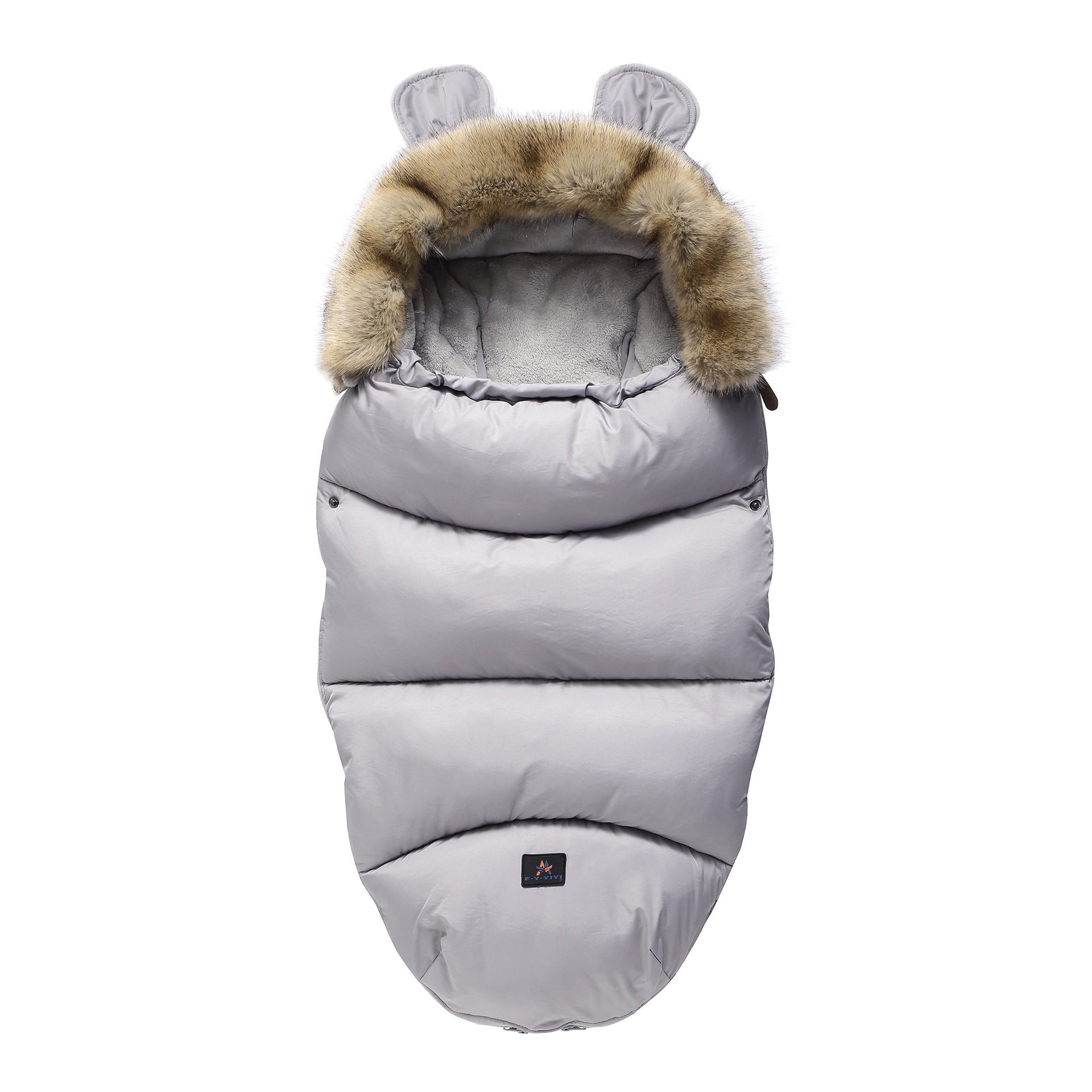 Gray baby sleeping bag with fur hood and bunny ears on a white background