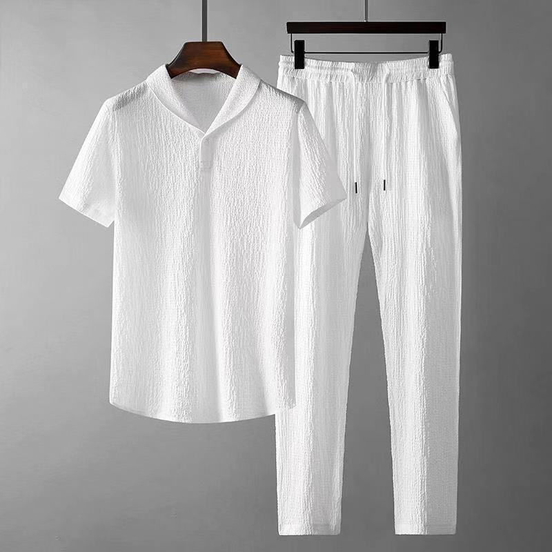 Men's Summer Leisure Suit - Short Sleeve Top & Drawstring Trousers Set