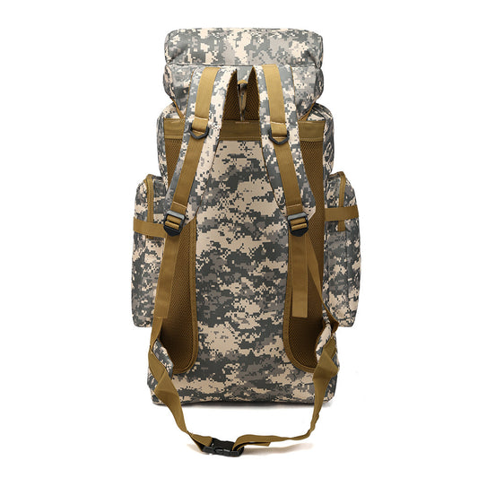 Camouflage backpack with brown straps on a white background