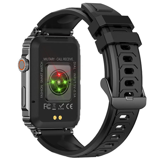 Black smartwatch with military-grade features on a white background