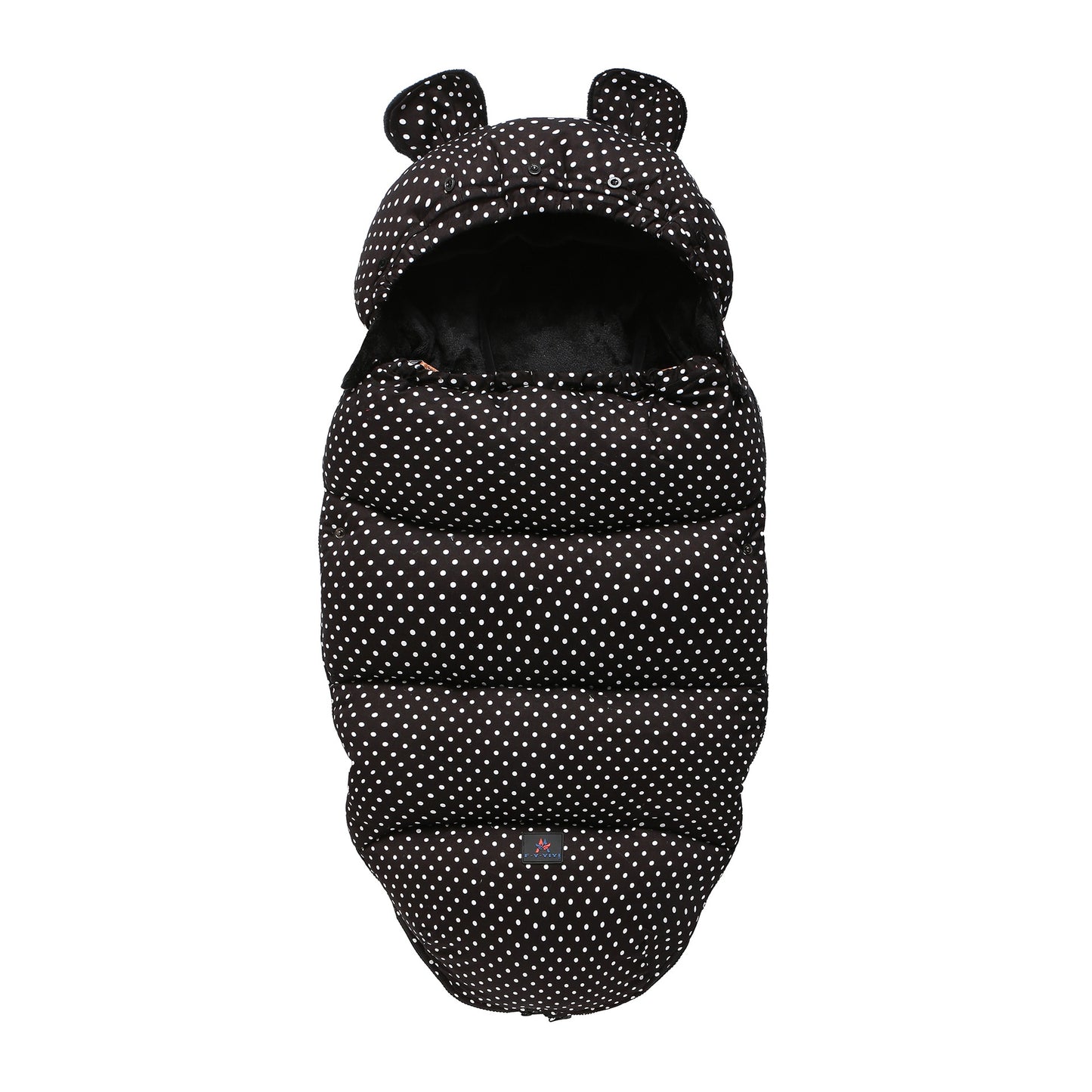 Black and white polka dot baby sleeping bag with bear ears on a white background