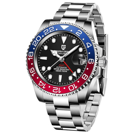 Wristwatch with a silver band, black face, blue and red bezel on a white background