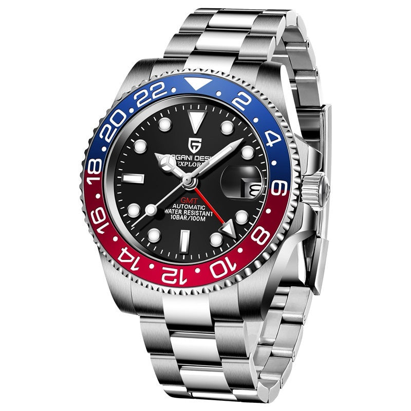 Wristwatch with a silver band, black face, blue and red bezel on a white background