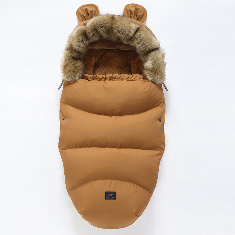 Brown baby sleeping bag with faux fur hood and ears on a white background