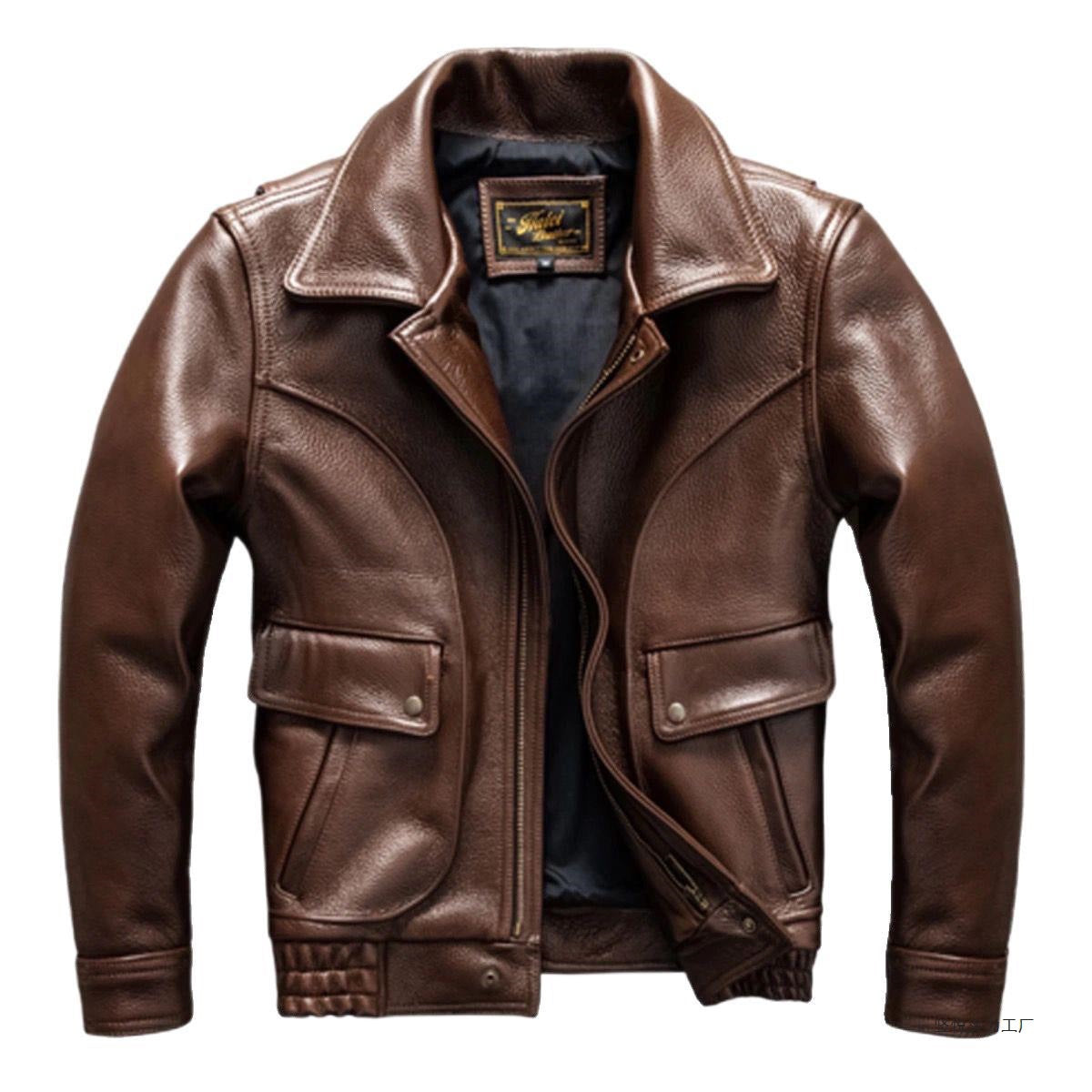 A brown leather jacket with a pointed collar, front zipper, and two flap pockets, shown on a plain white background.