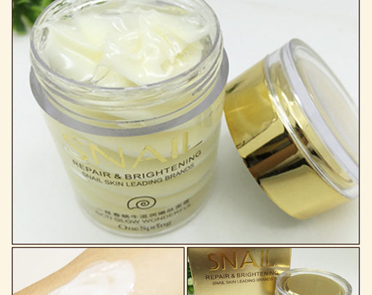 Skincare jar with gold lid labeled 'SNAIL' on a white background