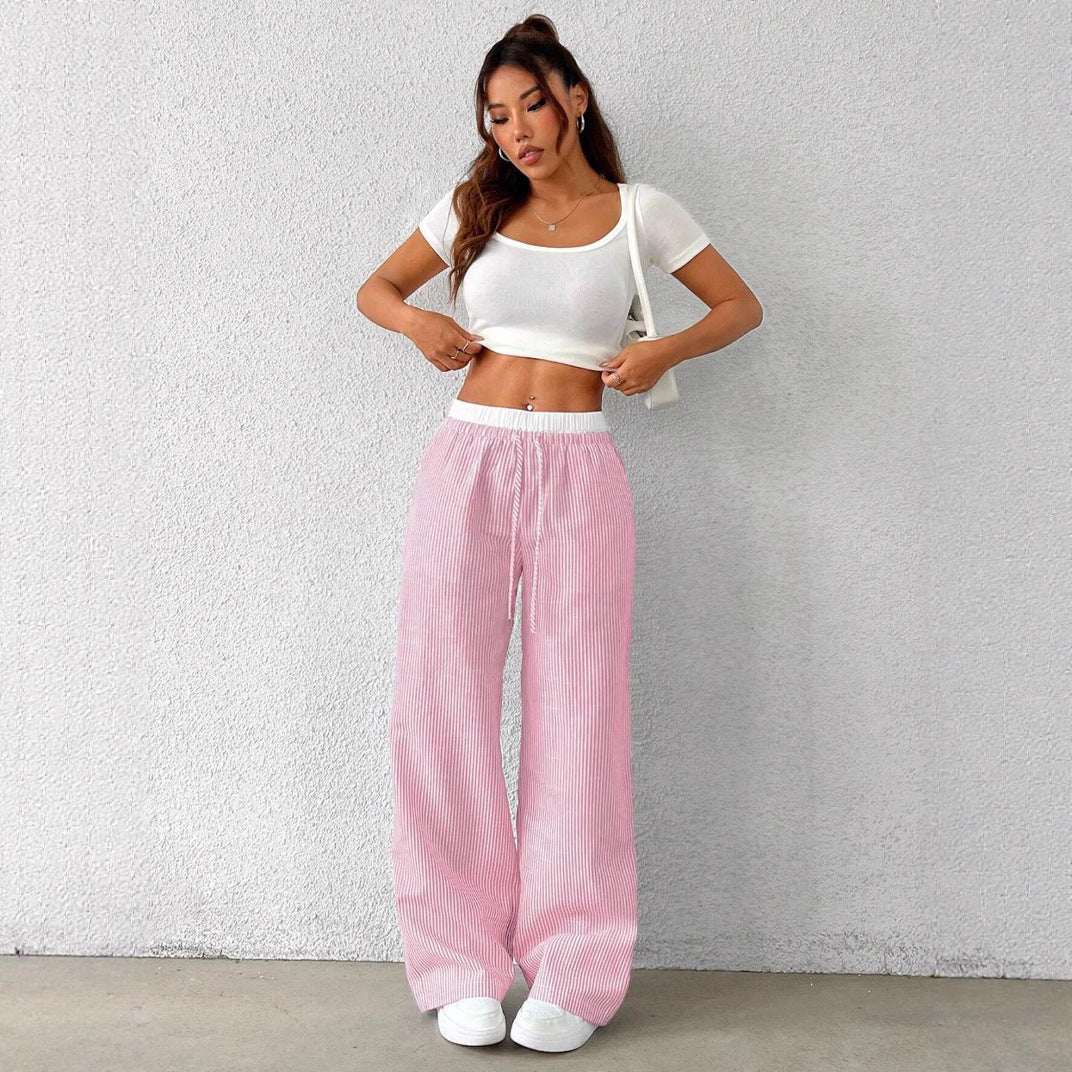 Women's Wide-Leg Floor-Length Pleated Pants – Mid-Rise Straight Leg Casual Trousers with Pockets | Blue, Gray, Pink | XS–L