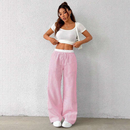 Women's Wide-Leg Floor-Length Pleated Pants – Mid-Rise Straight Leg Casual Trousers with Pockets | Blue, Gray, Pink | XS–L